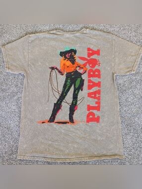 Playboy Shirt Mens Large Gray Orange Cowgirl Whip Lasso Bunny Short Sleeve
